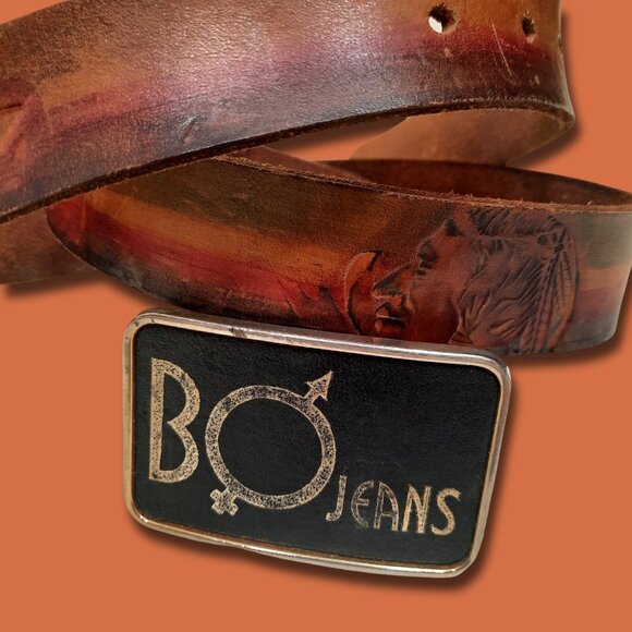 Vintage 70s 80s Tooled Leather Belt BO Jeans Big Buckle Brown Mens M Womens L - Picture 1 of 14